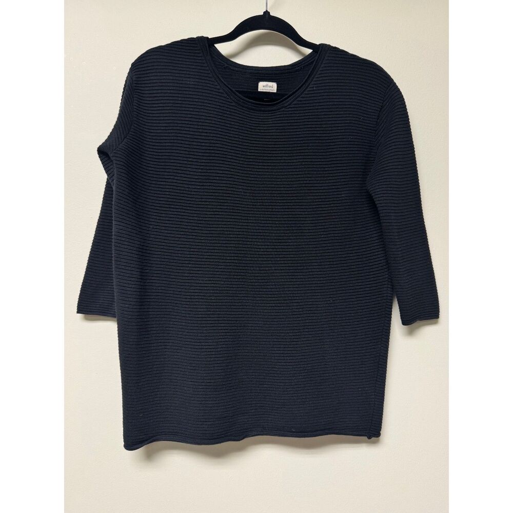 WILFRED Silk/Cotton/Cashmere Black Ribbed Knit 3/4 Sleeve Crewneck Sweater, XS